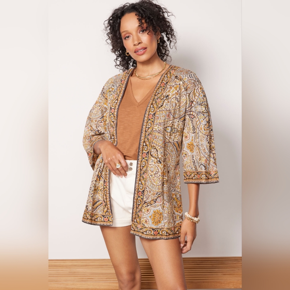 Cleobella Paisley Kimono Jacket in Tan, White & Gold